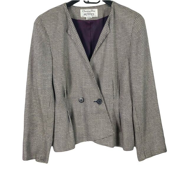 Vintage CHRISTIAN DIOR Blazer 12 Petites Houndstooth Black White Pleated 2-Buttn - Picture 1 of 16